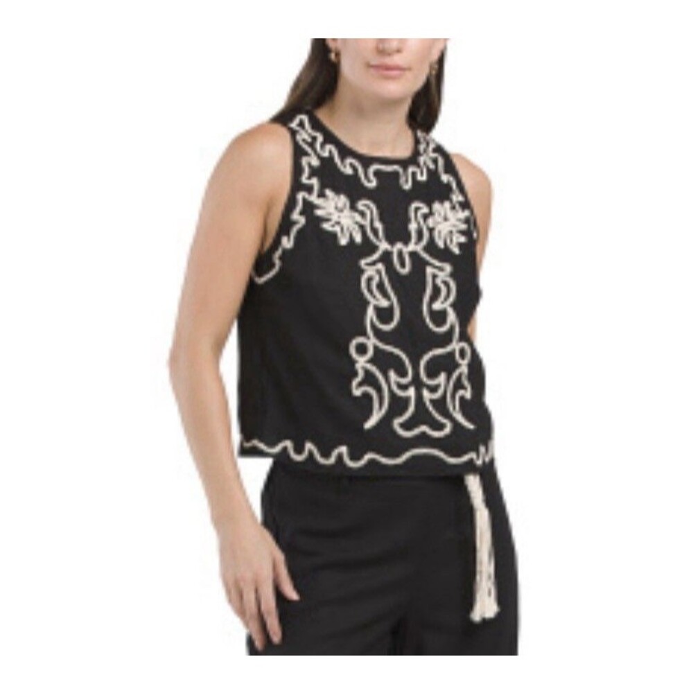 Joie Palm Tree Embroidery Tank Top Blouse Women Small Linen Euro Summer Vacation